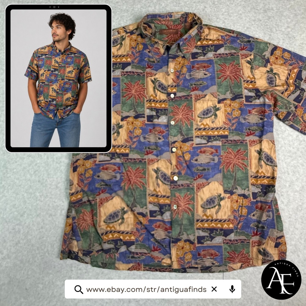 Tori Richard Mens 2XL Cotton Lawn Hawaiian Shirt Sea Turtle Fish Palm Tree Blue